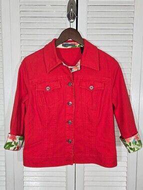 Liz Claiborne 3/4 Sleeve Red Denim Button Up Tropical Floral Lining Y2K Jacket M